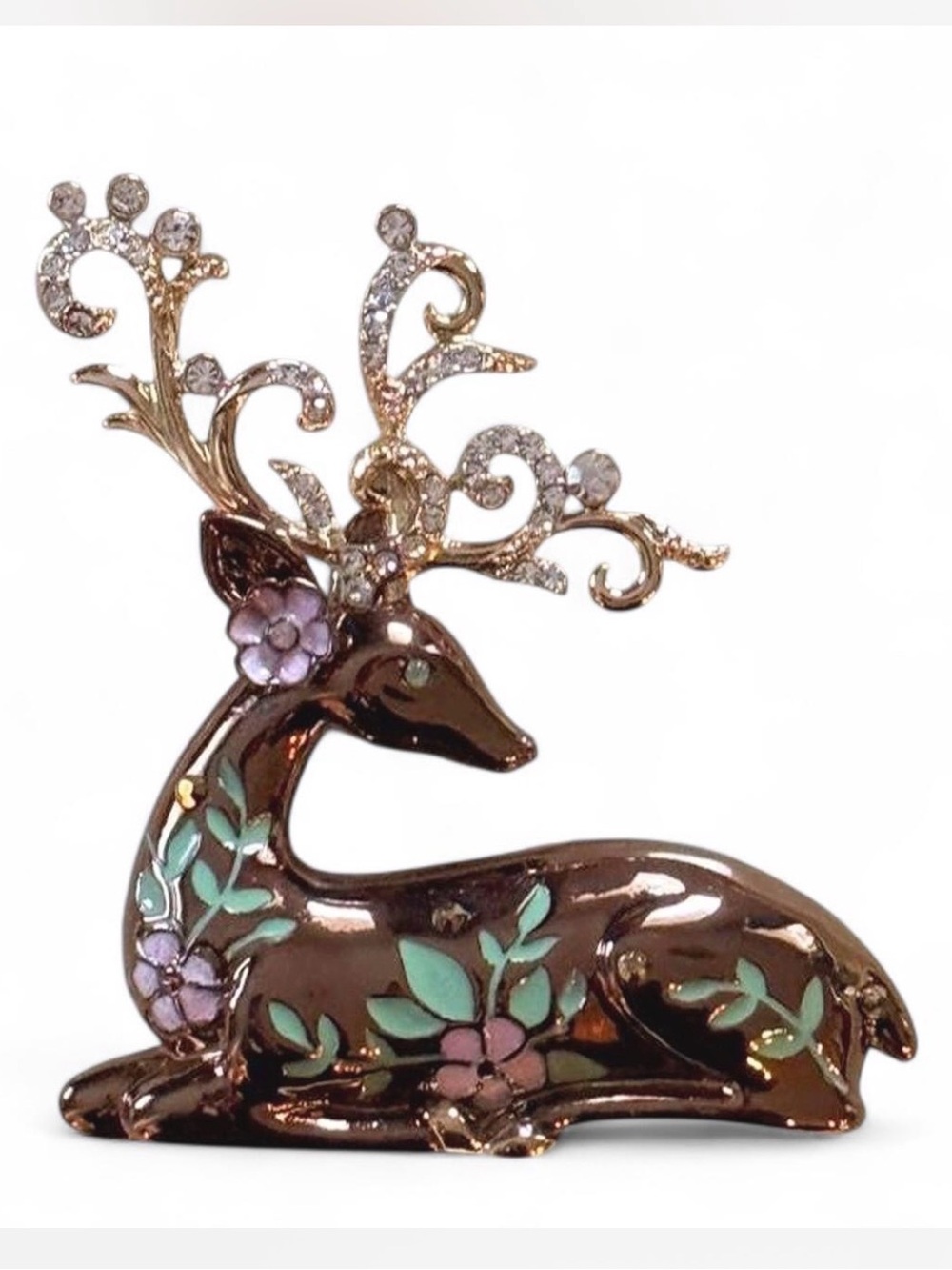 Napier Floral Enamel Rhinestone Deer Brooch in Box